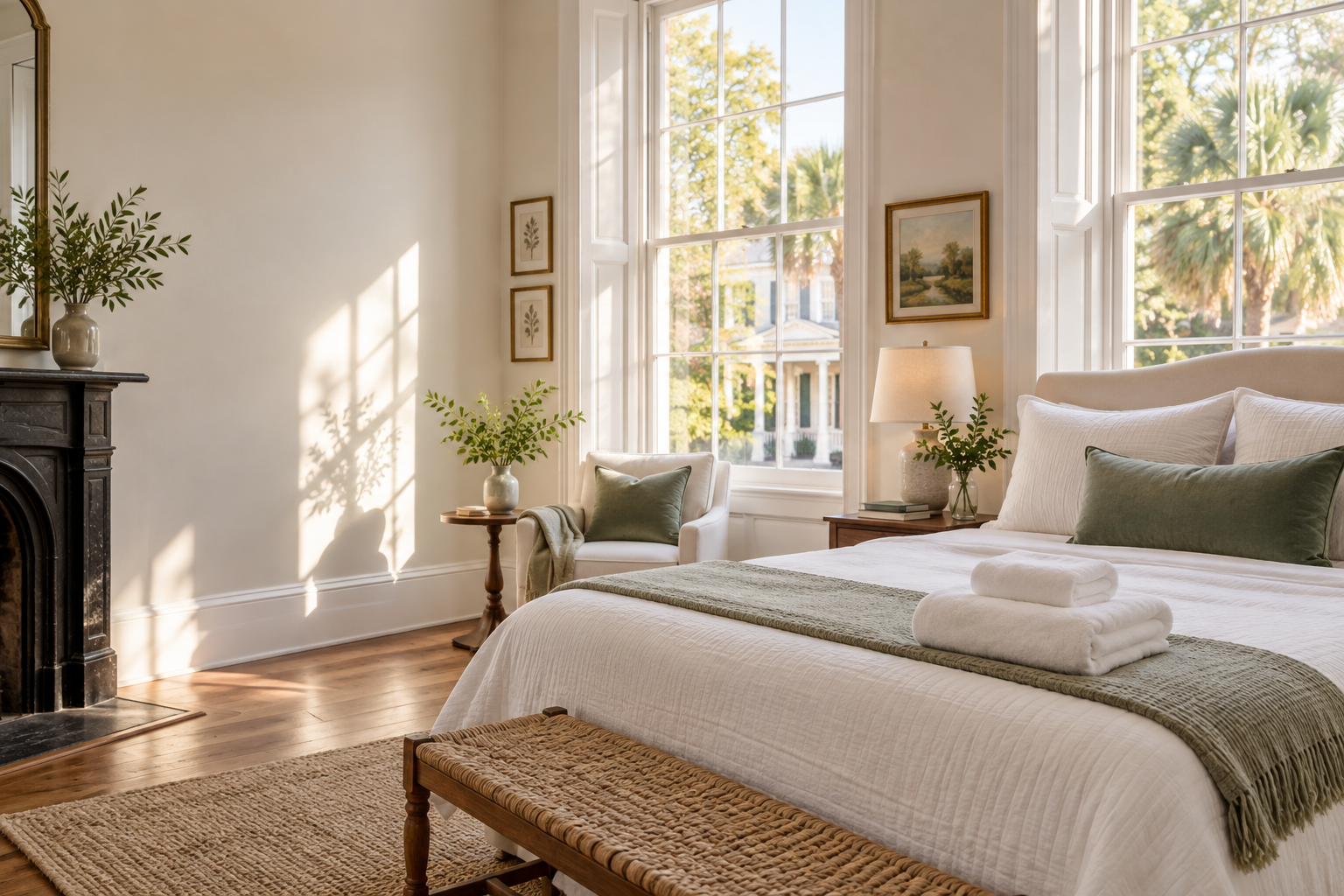 A bright, guest-ready Charleston bedroom with neatly folded towels and warm afternoon light